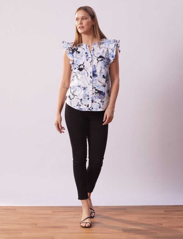 Blusa Printed Manga Volados MULTI/BLANCO