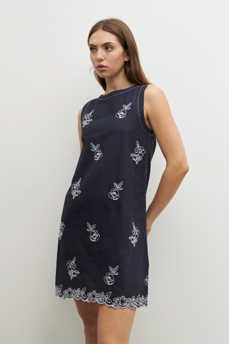 Vestido bordado floral azul marino