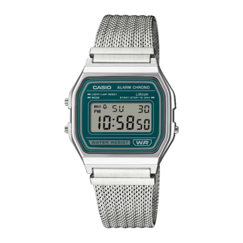 Reloj Casio Retro A158WEM 3DF Unisex con correa de acero milanesa Plateado