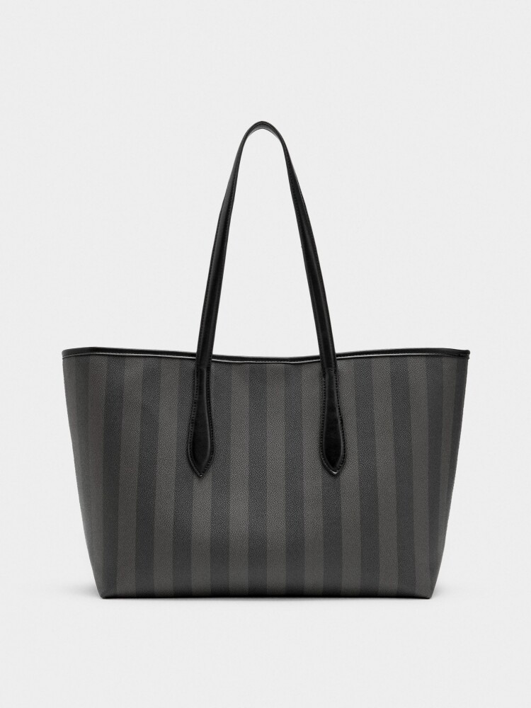 Bolso Shopper A Rayas Con Bolsa Extraíble negro