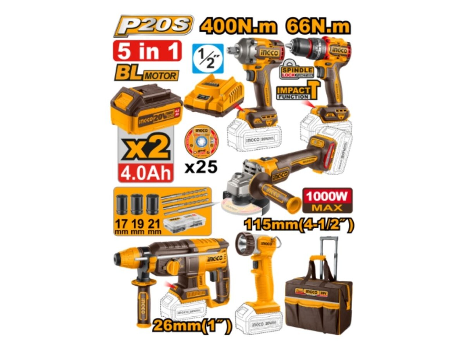 KIT A BATERÍA 20V P20S 5PCS BRUSHLESS MOTOR C/BATERÍAS, CARGADOR, BOLSO Y ACCESORIOS 