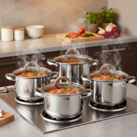 Set 3 Ollas Acero Inoxidable Con Tapas Vidrio Reforzadas Plateado