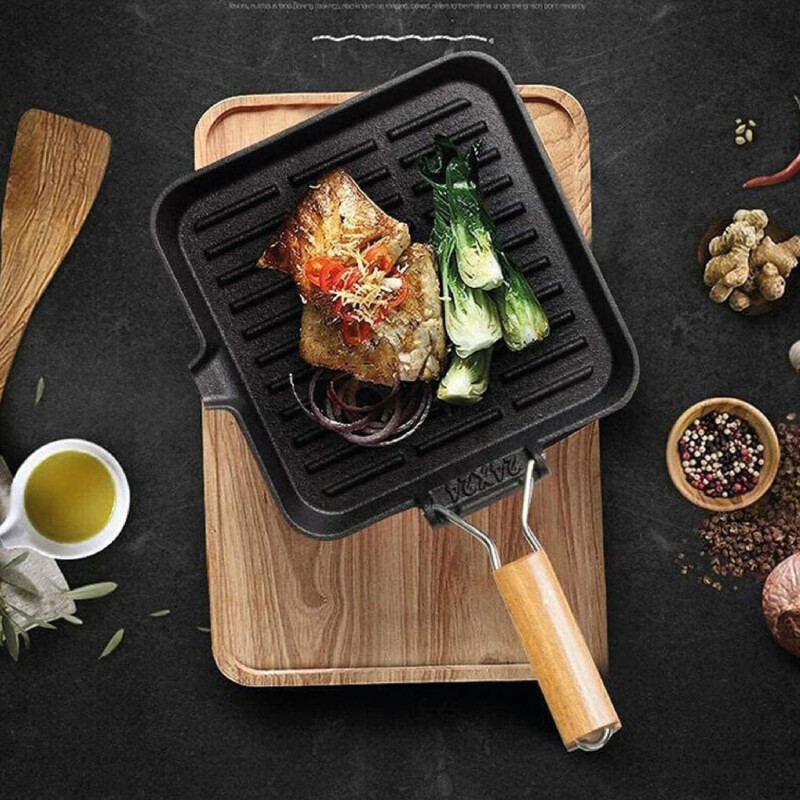 Plancha Grill Cuadrada de Hierro y Mango de Madera Plancha Grill Cuadrada de Hierro y Mango de Madera