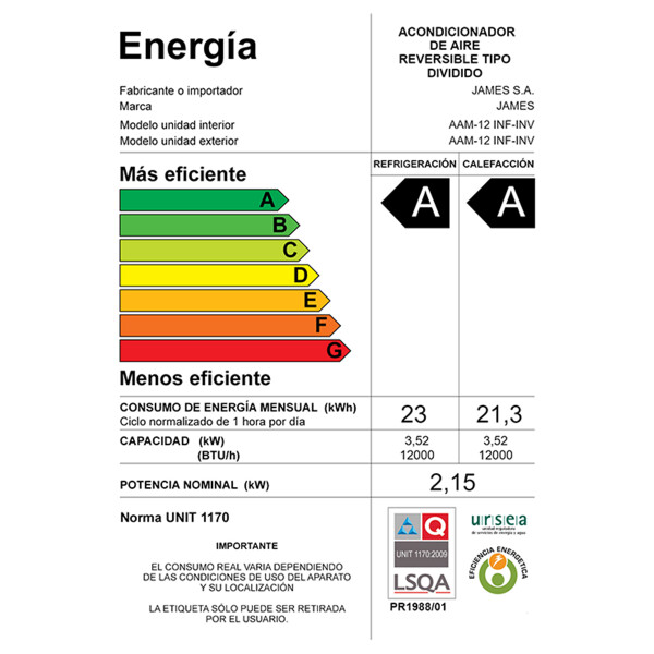 Aire Acondicionado James Aam-12 Inverter 12.000 Btu AIRE ACOND. JAMES 12000 INVERTER 9012