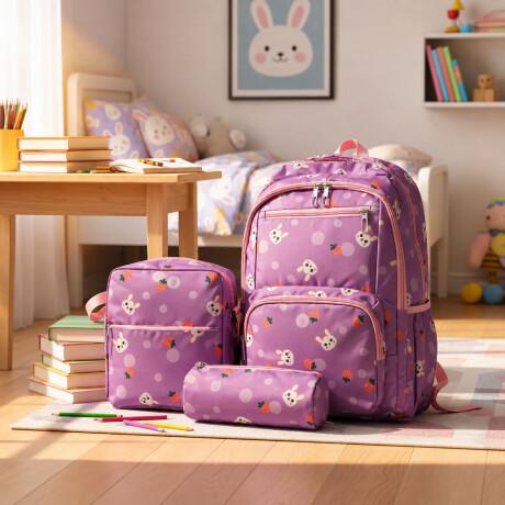 Set Mochila 3 Piezas Diseño Frutillitas Escolar Resistente Lila