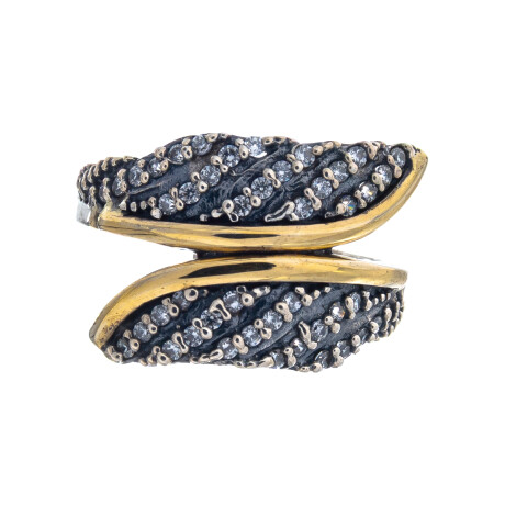 Anillo de plata 925, double en oro 18 ktes y circonias, HOJAS. Anillo de plata 925, double en oro 18 ktes y circonias, HOJAS.