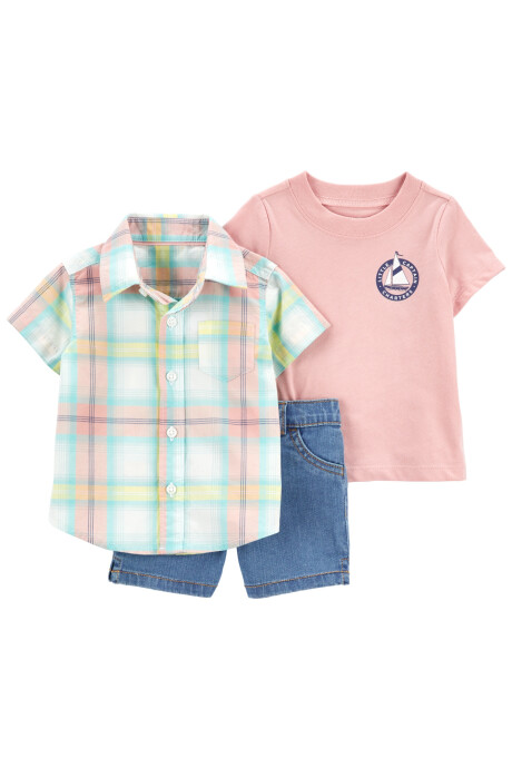 Set tres piezas short jean, camisa y remera de algodón Set tres piezas short jean, camisa y remera de algodón