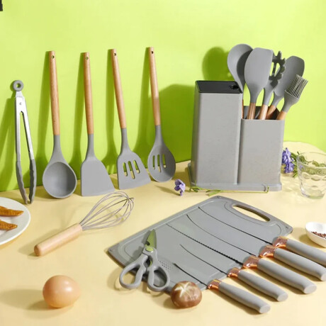 Set Cocina Menage 19Pz Utensillos Cuchillos Tabla c/Soporte Gris