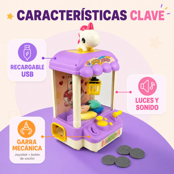 Máquina Infantil Grúa Agarra Juguetes Peluches Con Sonido Variante Color Violeta