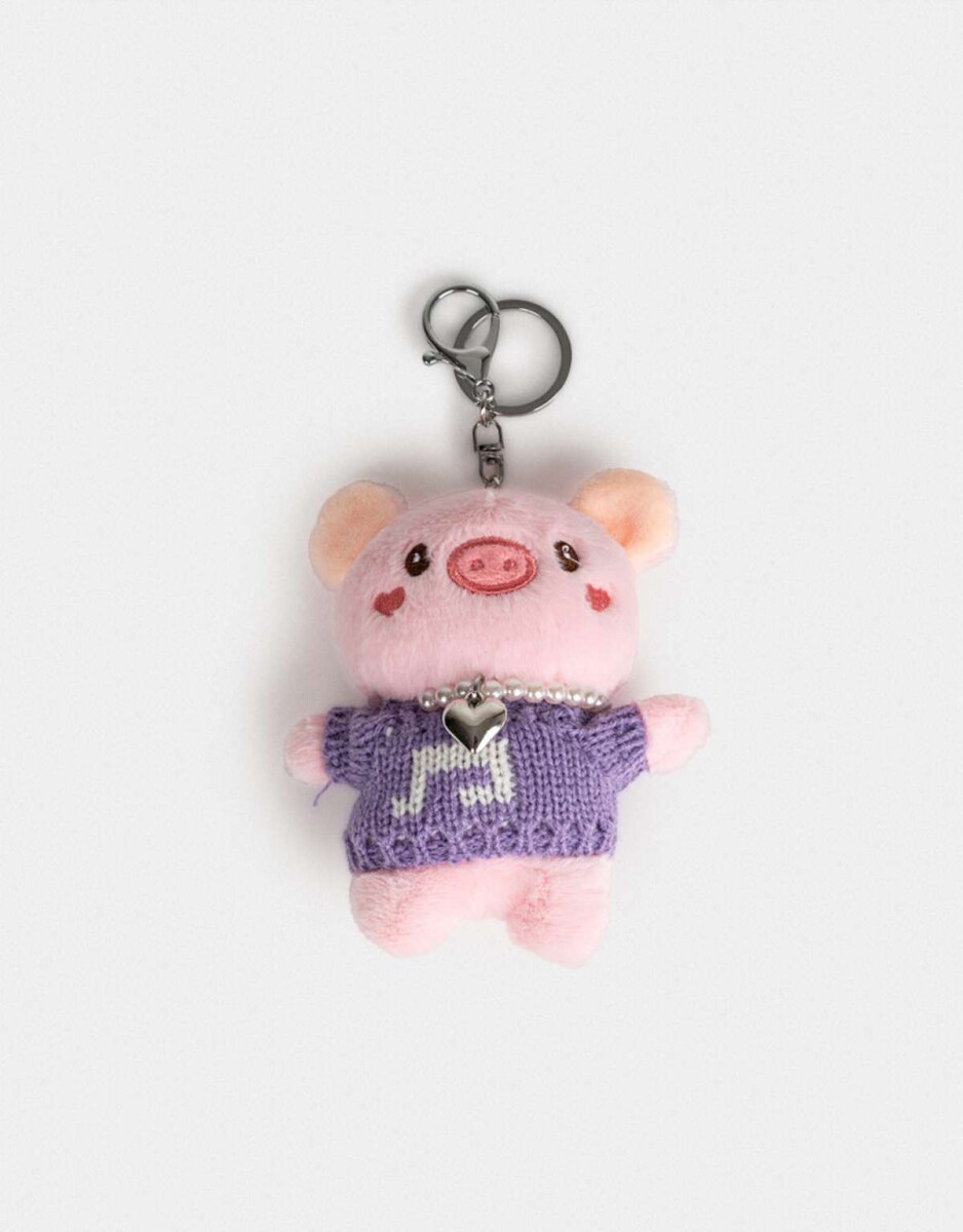 Llavero Y Charm De Peluche De Cerdito - Rosa Claro 