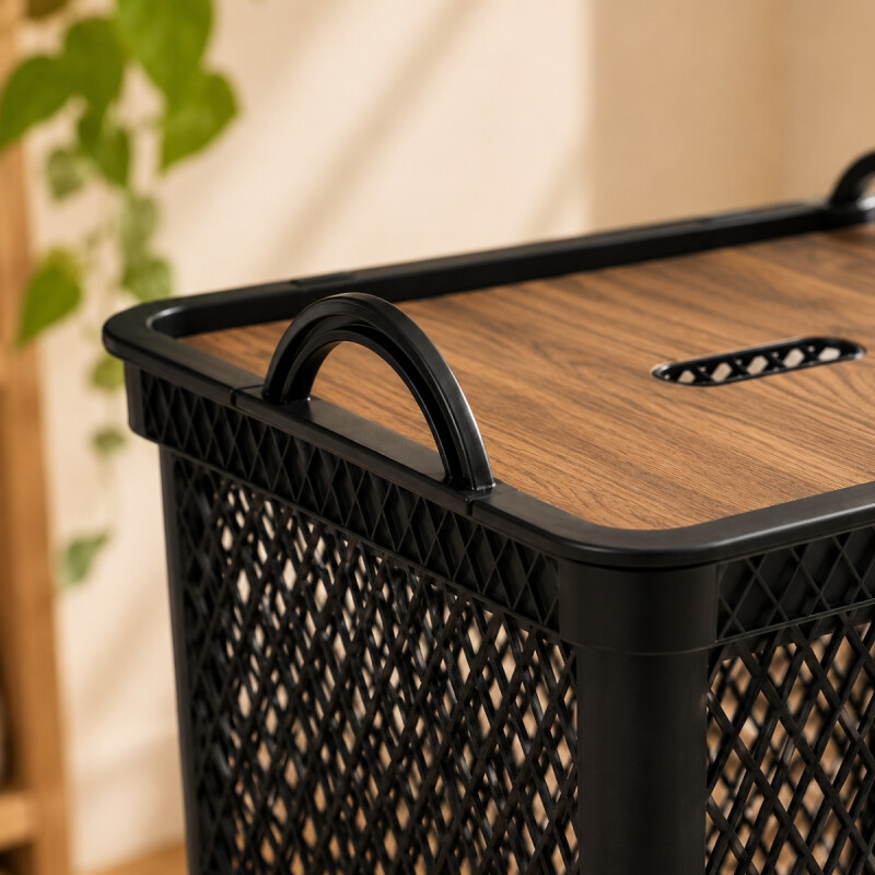 Cesto de ropa con tapa simil madera 49 Lts NEGRO