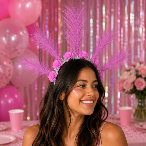 Vincha con Flores Y Plumas Fucsia