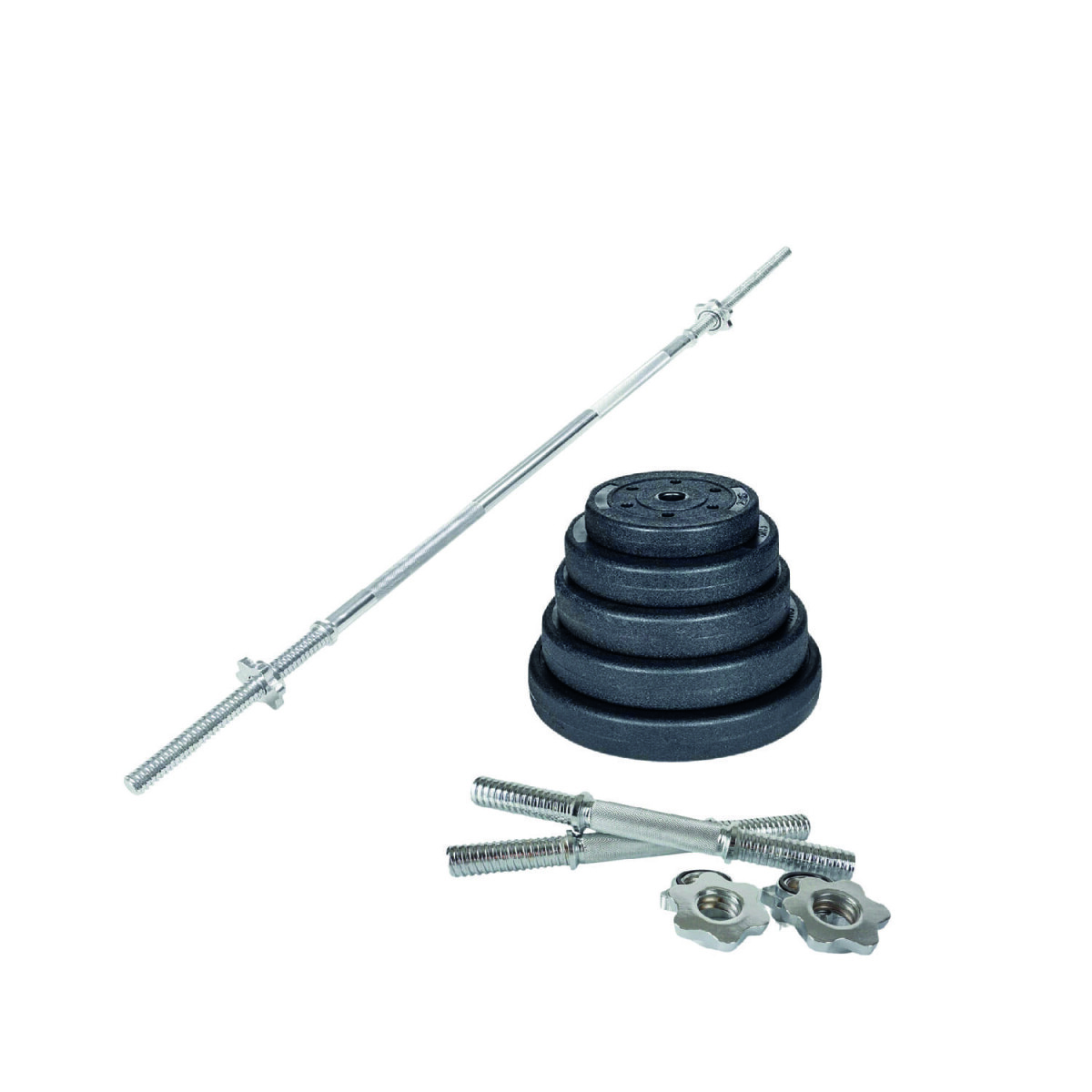 Kit 2 mancuernas + barra recta 150cm + 40 kg - 4x5Kg 6x2.5Kg 4x1.25Kg 