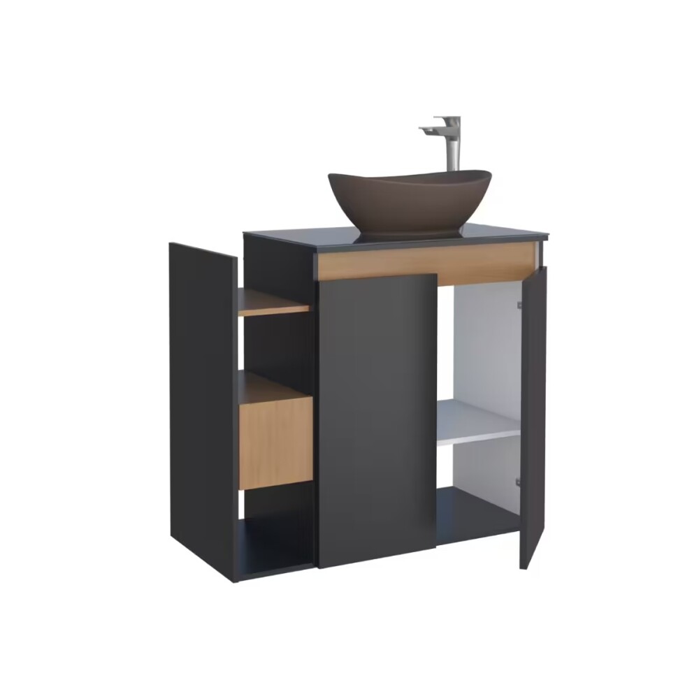 Mueble de baño suspendido Lotus Negro 80 cm con tapa de vidrio sin bacha Mueble De Baño Suspendido Lotus Negro 80 Cm Con Tapa De Vidrio Sin Bacha