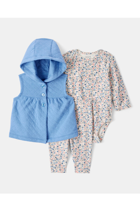 Set tres piezas de algodón, chaleco capitoneado, pantalón y body diseño floral Set tres piezas de algodón, chaleco capitoneado, pantalón y body diseño floral