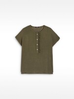 Camiseta Mezcla De Lino Con Botones caqui