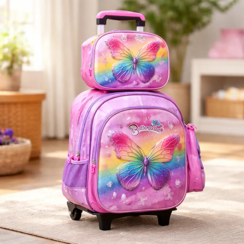 Mochila con carrito, lonchera y cartuchera. Mariposa
