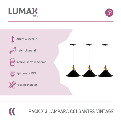 Pack x 3 Lampara Lumax Techo Colgante 26cm Vintage Pack x 3 Lampara Lumax Techo Colgante 26cm Vintage