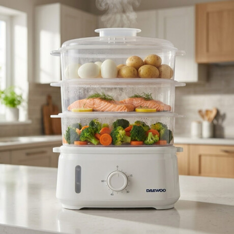 Vaporera eléctrica 9lts Daewoo | 3 Bandejas | Color blanco Vaporera eléctrica 9lts Daewoo | 3 Bandejas | Color blanco