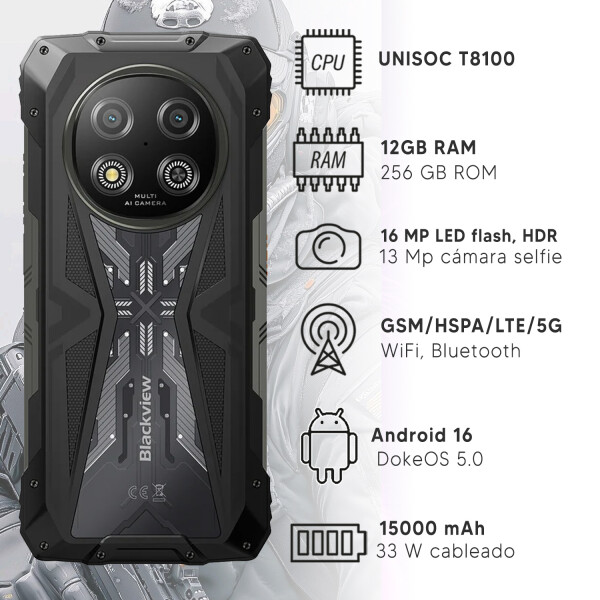 Blackview Rock 2 32(8+24)gb 256gb Robusto De Trabajo 5g + Regalo PK BLACKVIEW ROCK 2 8/256 5G NEGRO +REG