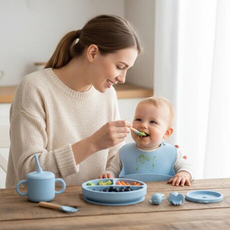 Set Alimentación Bebé en Silicona Libre Bpa 10 Piezas Celeste