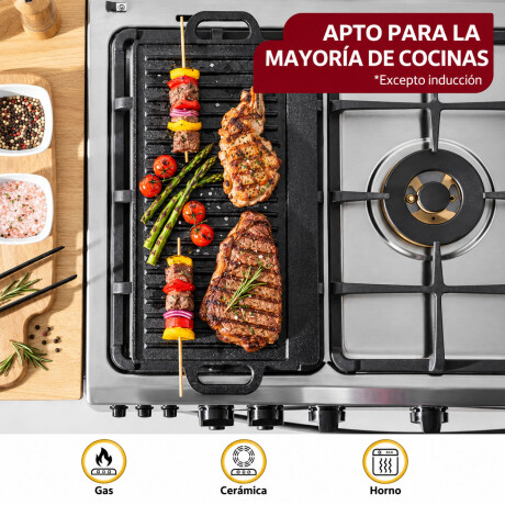 Parrilla Hierro Fundido Resistente 2En1 Reversible Con Asas Negro