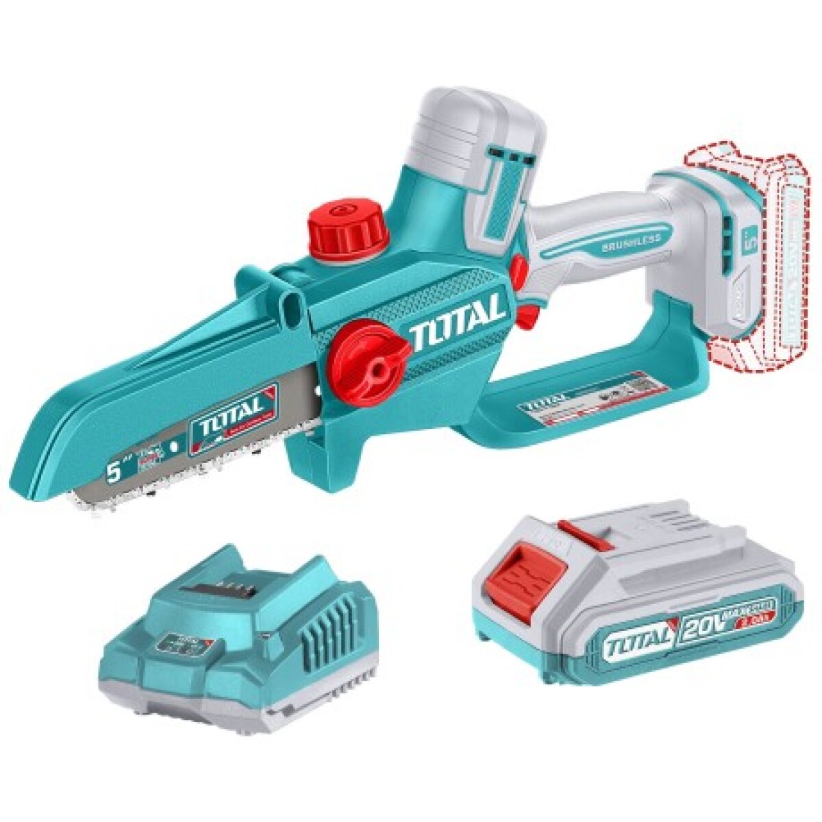 Mini Motosierra a Batería 20V 5" sin Carbones + Batería 2Ah + Cargador Total 