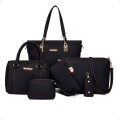 Bolso Cartera de Hombro y de Mano 6 en 1 Negro Costura Blanca