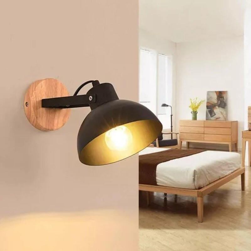 Lampara Aplique De Pared Nordico Metal Y Madera Moderno Negro