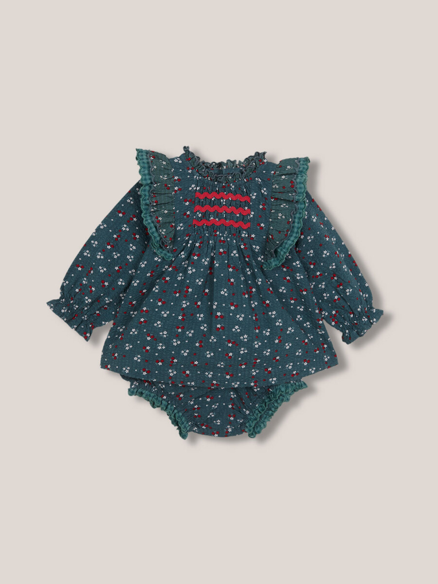 Vestido Estampado Con Smock Verde