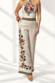 PANTALON CON TEJIDO COMBINADO Y BORDADO Beige