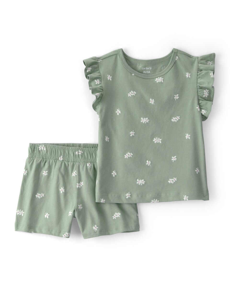 Set dos piezas de algodón, short y remera, verde, diseño floral 