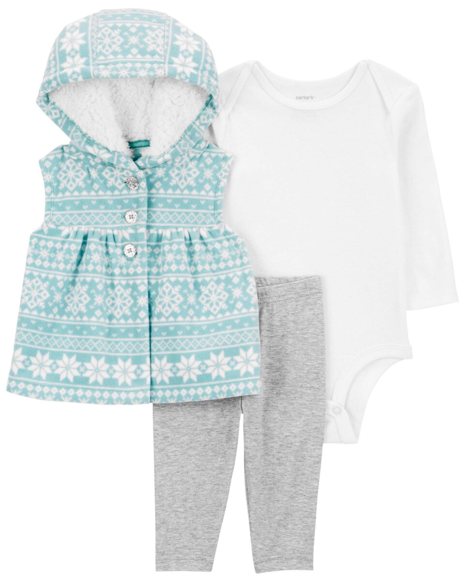 Set tres piezas, chaleco de micropolar con sherpa, body y pantalón de algodón 