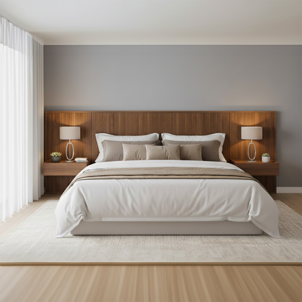 Respaldo Queen continuo con mesa de luz Chloe - Moderna Marrón