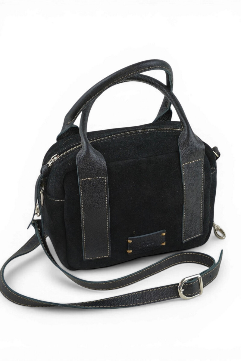 Cartera de Mano y Bandolera en Gamuza y Cuero Negro