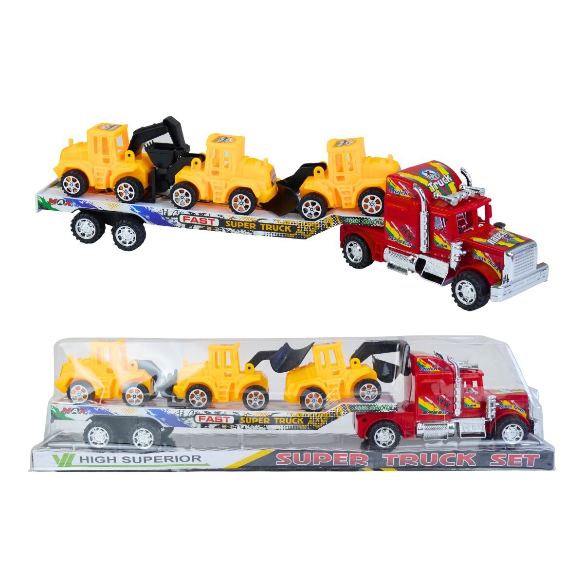 Camion cigueña 49cm con 3 maquinas de construccion 