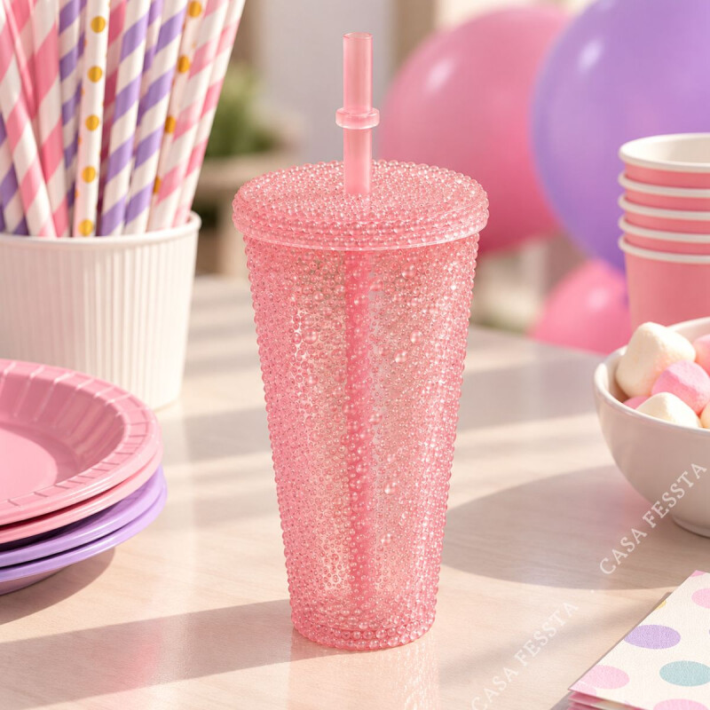 Vaso con Tapa y Sorbito 250ml Rosa
