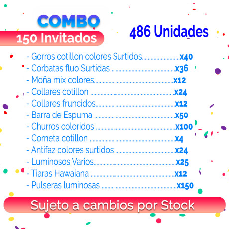 Combo Cotillon Fluo Luminoso 150 Invitados - 486 Articulos Combo Cotillon Fluo Luminoso 150 Invitados - 486 Articulos