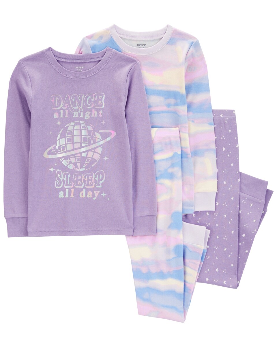 Pijama cuatro piezas de algodón, dos pantalones y dos remeras, estampados 