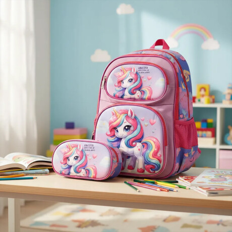 Set Mochila Lonchera Cartuchera Escolar 3 Piezas Fucsia