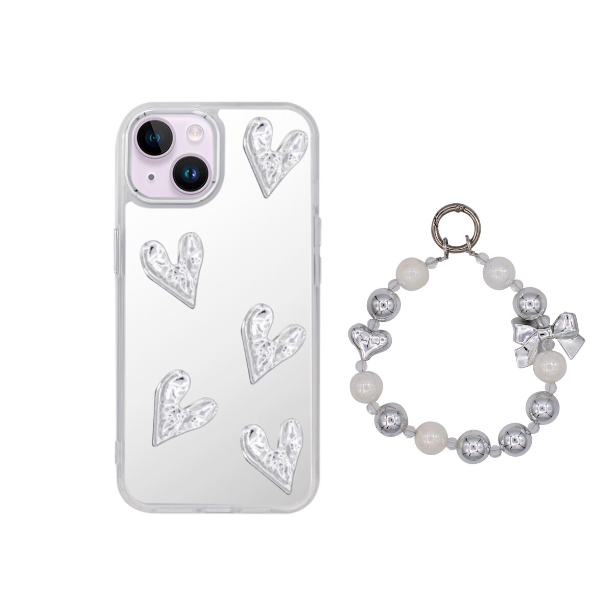Protector para iPhone 13/14 espejada con corazones + correa 