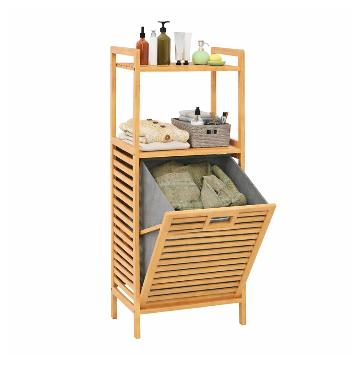 Estanteria con cesto de ropa bambú con 2 estantes - 39x30x95cm 
