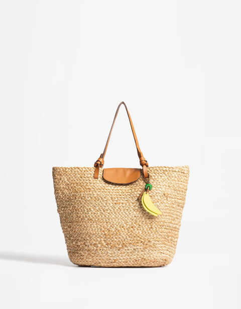 Shopper Shopper De Rafia Con Tag Colgante - Marron Beige