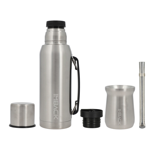 Set Termo de Acero Inoxidable Doble Capa y Doble Pico de 1 litro Color Plata + Mate + Bombilla Set Termo de Acero Inoxidable Doble Capa y Doble Pico de 1 litro Color Plata + Mate + Bombilla