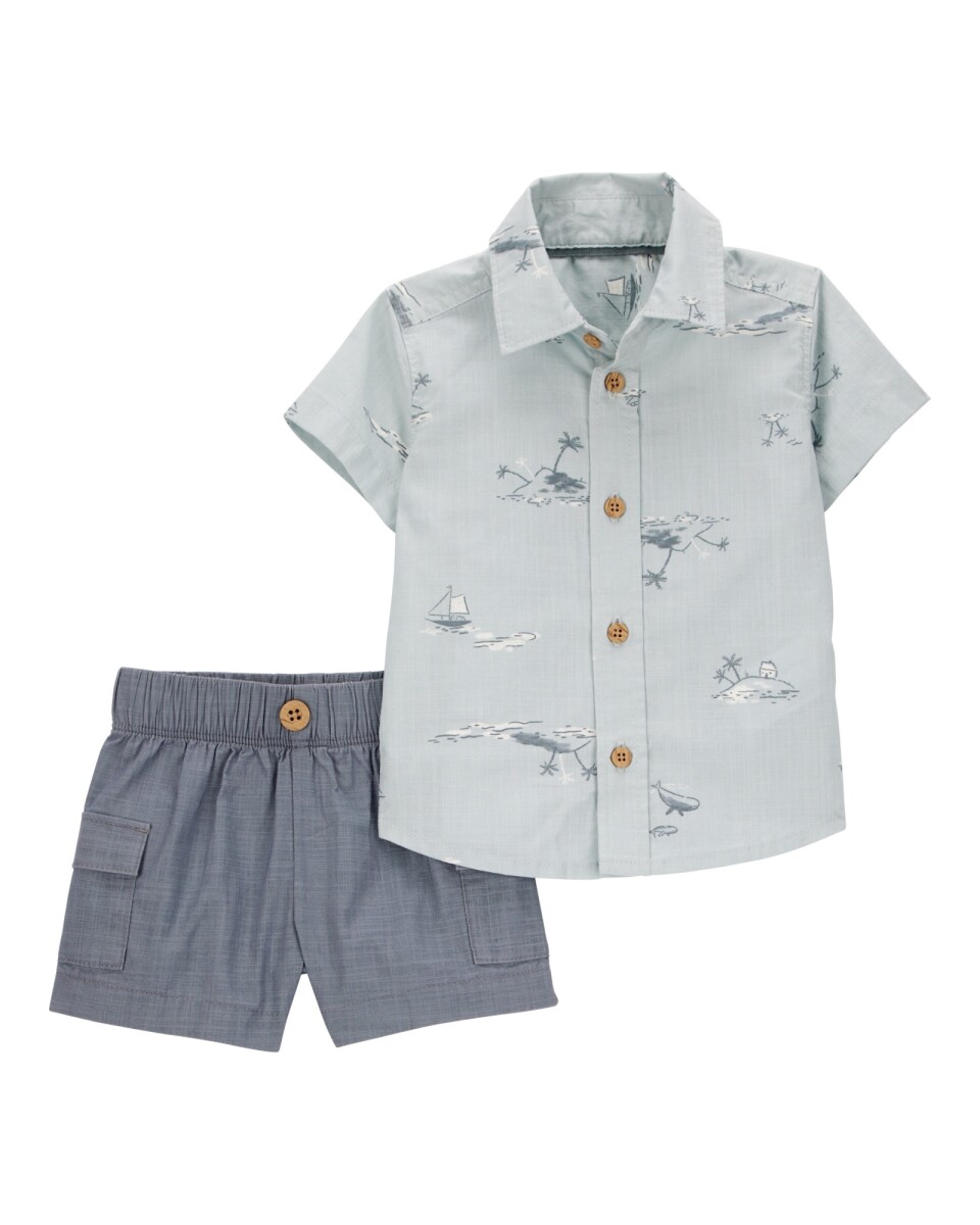 Set dos piezas de algodón, short y camisa, diseño tropical 