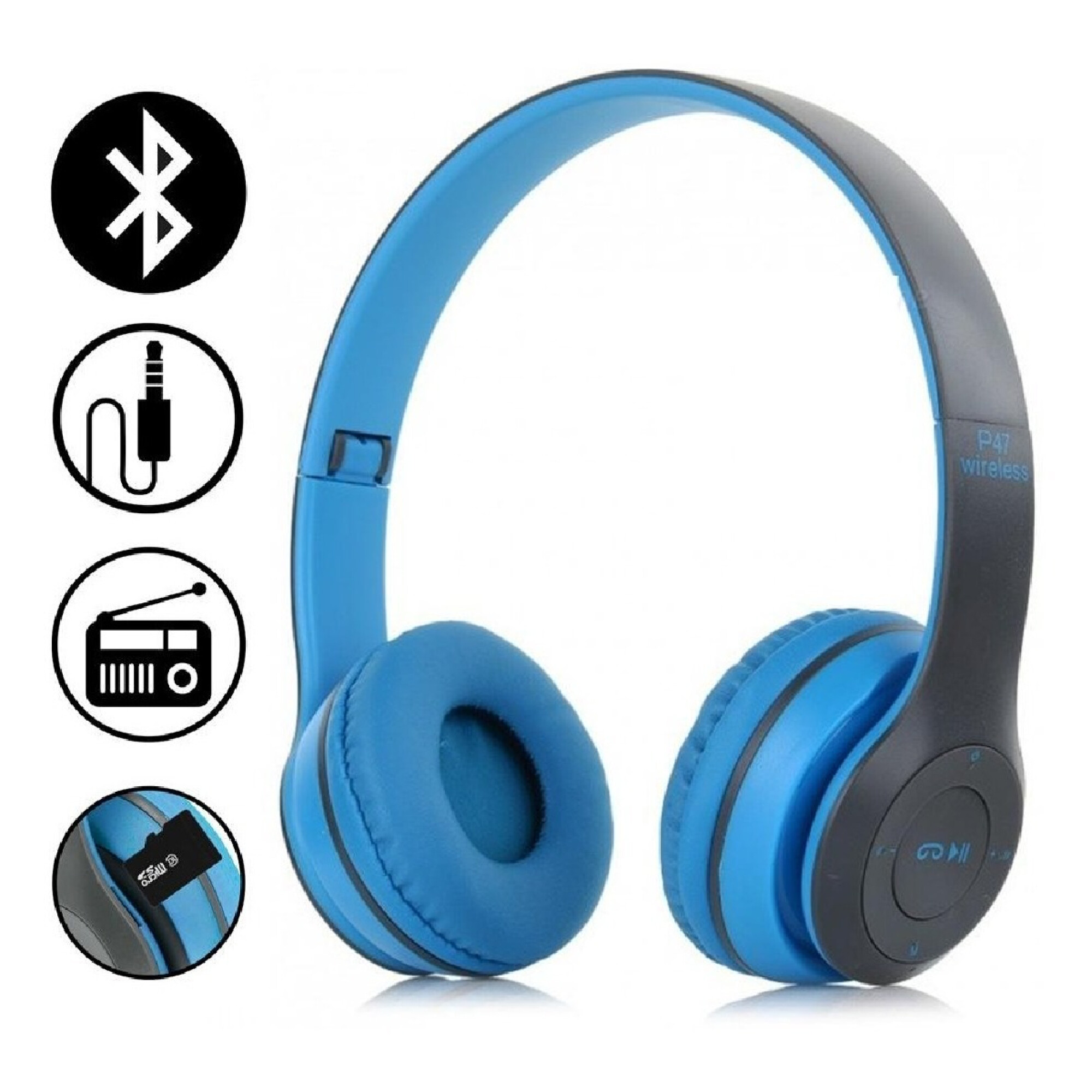 Auriculares Manos Libres Bluetooth Mp3 Radio Fm Sd Calidad - Variante Color  Celeste — Atrix