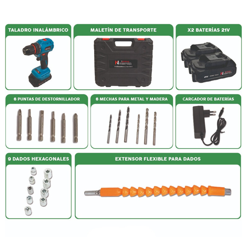 Taladro Atornillador Con Set De Herramientas 2 Baterias 21v Taladro Atornillador Con Set De Herramientas 2 Baterias 21v