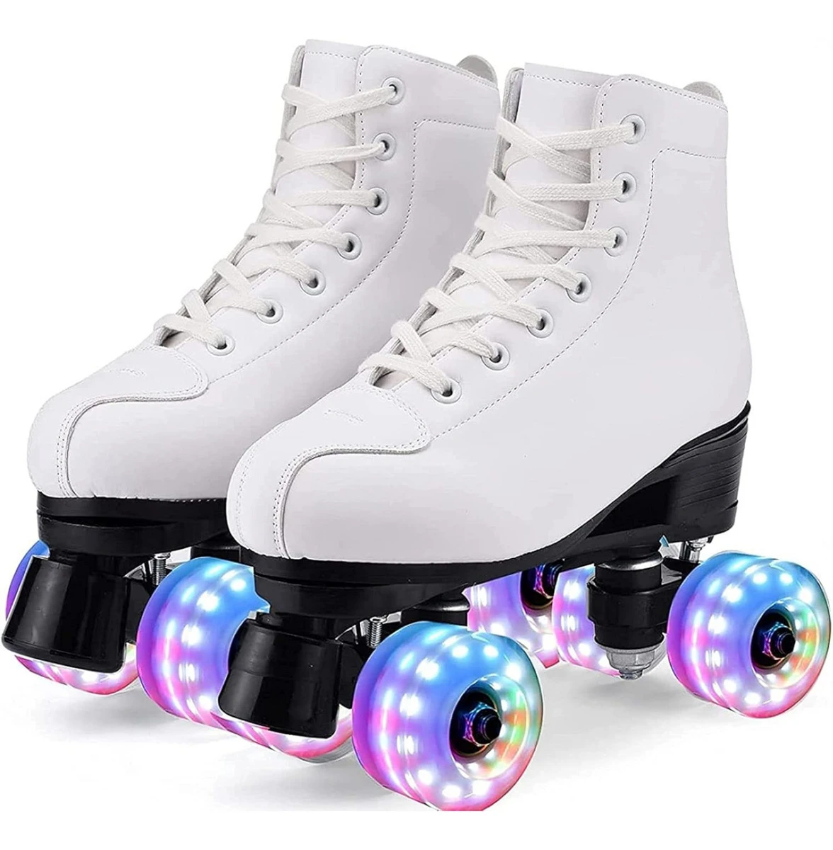 Patines 4 Ruedas Artístico Con Luces Bota De Cuero Blanca - Blanco 