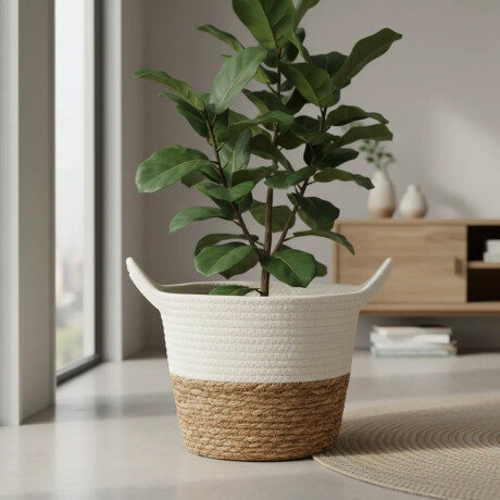 Cesto Canasto Fibra Natural y Algodón c/ Asa Paramount Ø23Cm Blanco