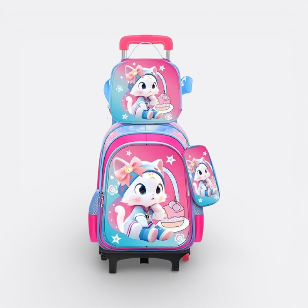 Mochila Escolar Con Carrito + Lonchera + Cartuchera - Gatito 